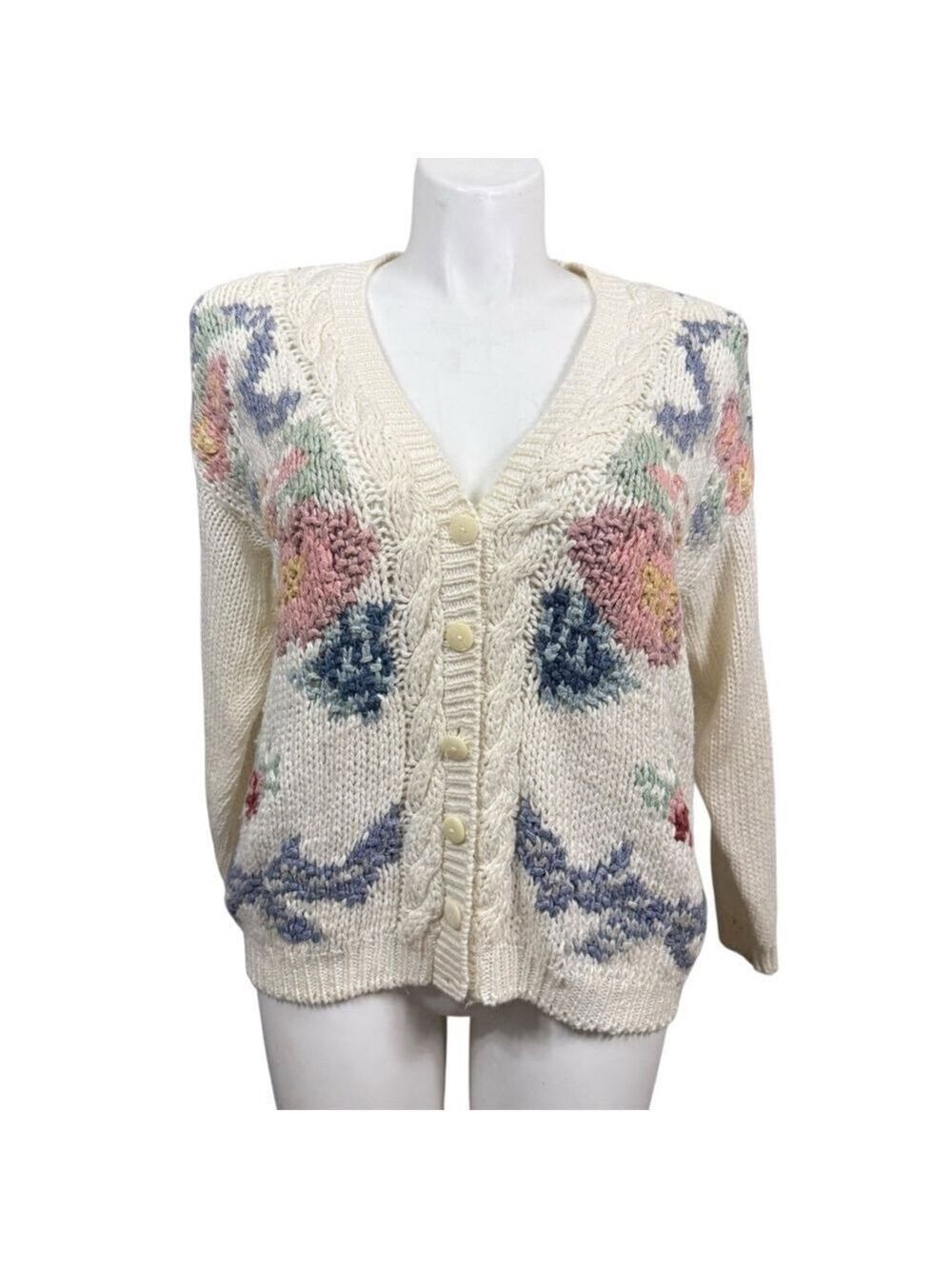 Vintage Needles & Yarn Floral Knit Cardigan Sweater Size Medium